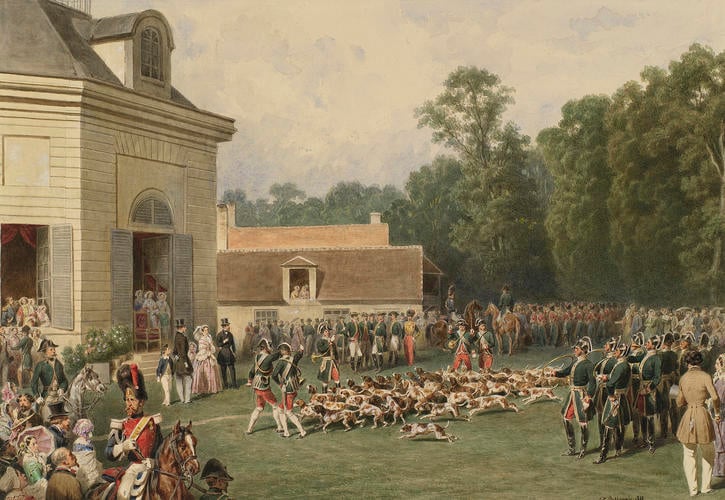 Meet of the imperial hunt at the chateau de la Muette, in the forest of Saint-Germain, 25 August 1855