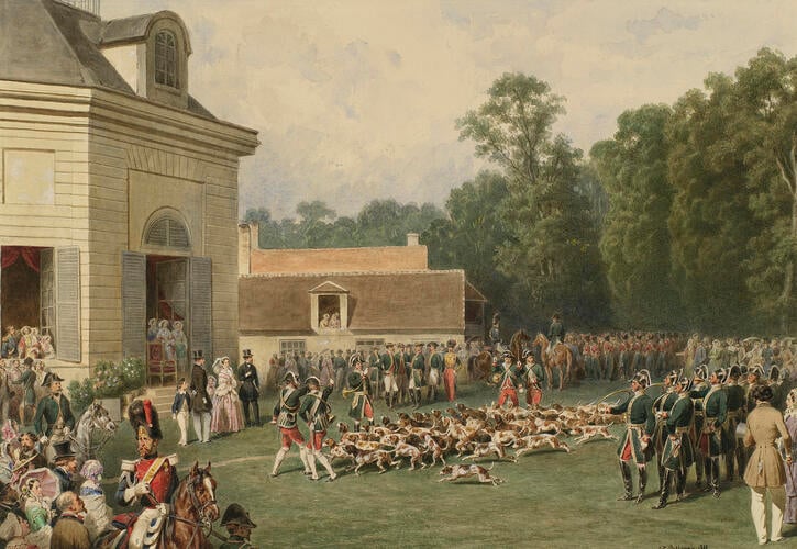 Meet of the imperial hunt at the château de la Muette, in the forest of Saint-Germain, 25 August 1855