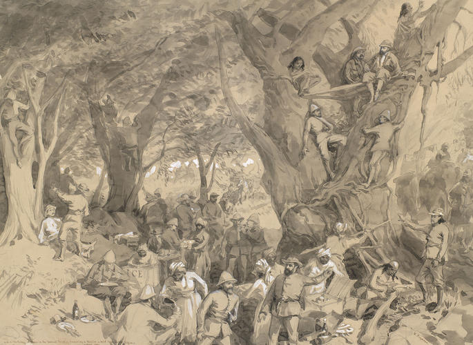 Visit of the Prince of Wales to India, November 1875 - January 1876: The Prince's tiffin in the Nepal Terai, with the expected approach of a wild elephant, 25 February Visit of the Prince of Wales to India, November 1875 - January 1876: The Prince's tiffin in the Nepal Terai, with the expected approach of a wild elephant, 25 February