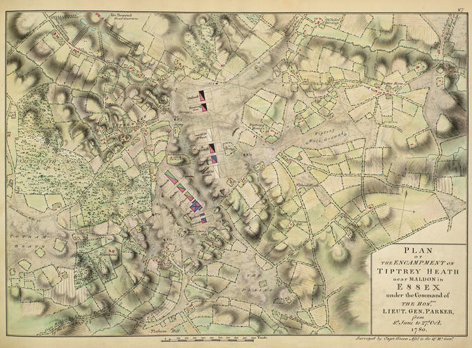 Master: Maps of encampments in England and Great Britain, 1778-82
Item: Map of encampment on Tiptree Heath and Maldon, 1780 (Tiptree Heath, Essex, UK) 51?48'14 Master: Maps of encampments in England and Great Britain, 1778-82
Item: Map of encampment on Tiptree Heath and Maldon, 1780 (Tiptree Heath, Essex, UK) 51?48'14