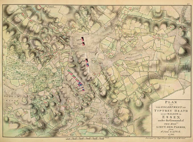 Master: Maps of encampments in England and Great Britain, 1778-82
Item: Map of encampment on Tiptree Heath and Maldon, 1780 (Tiptree Heath, Essex, UK) 51°48'14