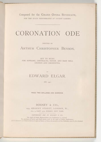 Coronation ode / written by Arthur Christopher Benson ; set to music. . . by Edward Elgar