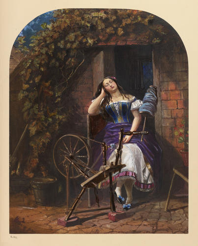 A girl asleep at her spinning wheel