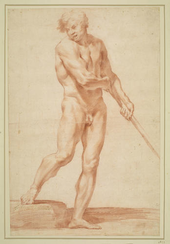 A study of a male nude pushing on a pole A study of a male nude pushing on a pole