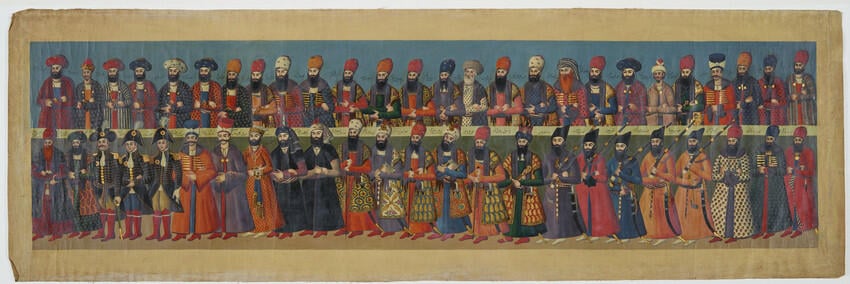 Master: The Court of Fath Ali Shah at the Nowrooz Salaam Ceremony.
Item: Nobles and officials attending the audience of Fat′h Ali Shah, looking left