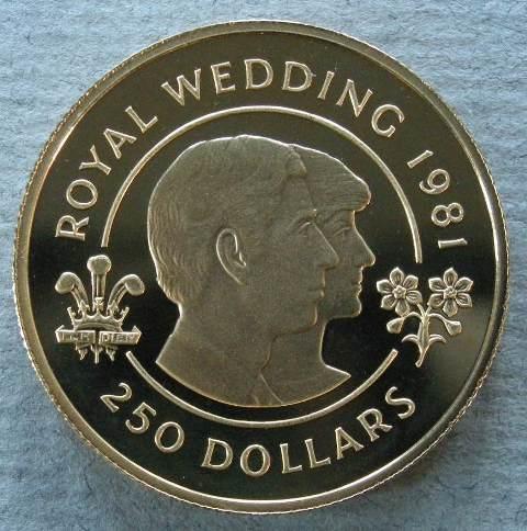 Bermuda. Proof $250, commemorating the marriage of H. R. H. The Prince of Wales and Lady Diana Spencer. (Piefort) Bermuda. Proof $250, commemorating the marriage of H. R. H. The Prince of Wales and Lady Diana Spencer. (Piefort)