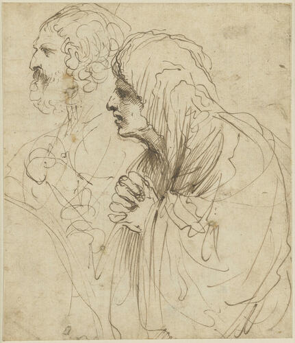 An old woman and a bearded man, both with their hands clasped An old woman and a bearded man, both with their hands clasped