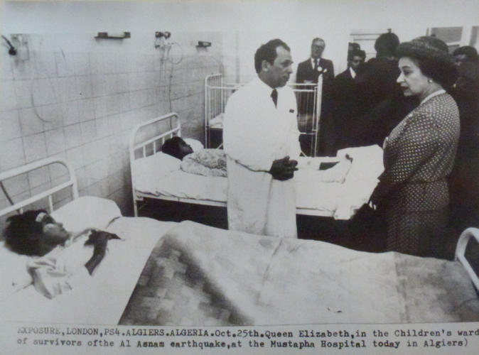 The Queen visits the survivors of the Al Asnam earthquake at Mustapha Hospital, Algiers. [Royal visit to Algeria, 1980]