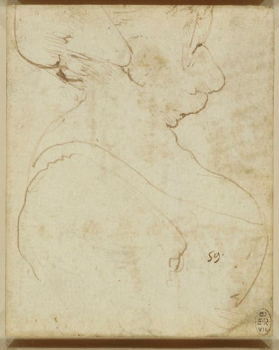Recto: A bust of a grotesque old woman in profile. Verso: Studies of optics
