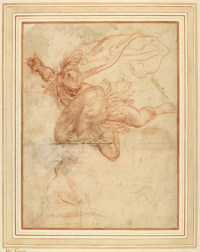 A flying figure with sword and shield