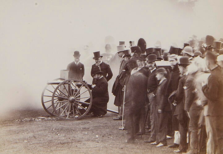 HRH The Prince of Wales firing the last shot at Wimbledon out of the Maxim gun, August 1888. [Album: Photographic Portraits vol. 5/63 1875-1889]