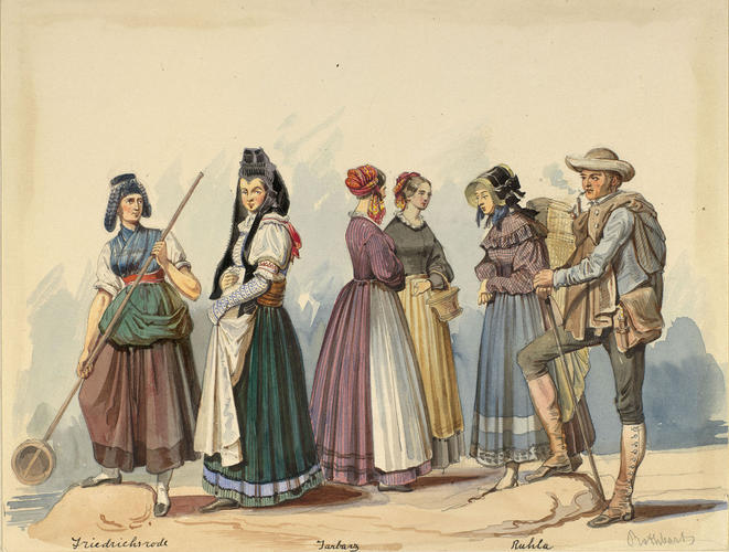 Group of six figures in peasant costume Group of six figures in peasant costume