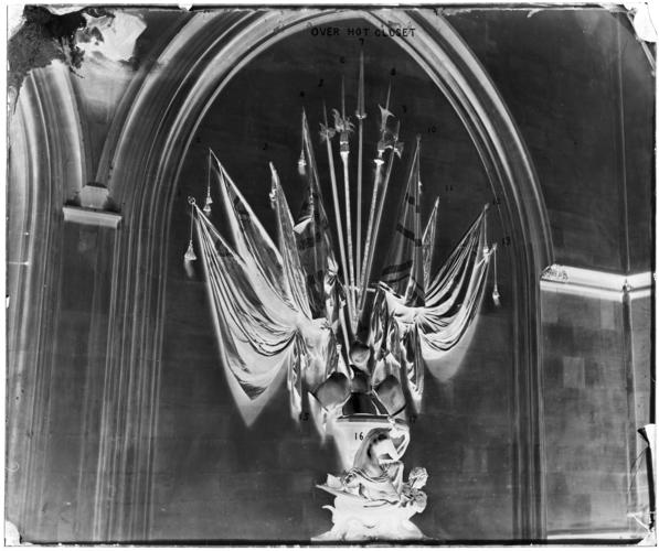Glass plate negative of display of armour and flags, Windsor Castle Glass plate negative of display of armour and flags, Windsor Castle
