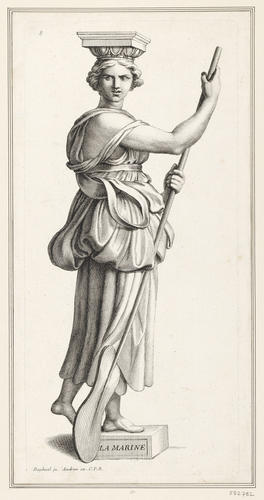 A caryatid leaning on an oar which she is holding with both hands