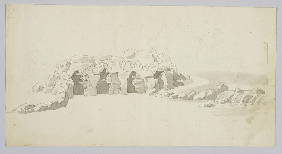 A design for a low rustic bridge over rockwork at Virginia Water