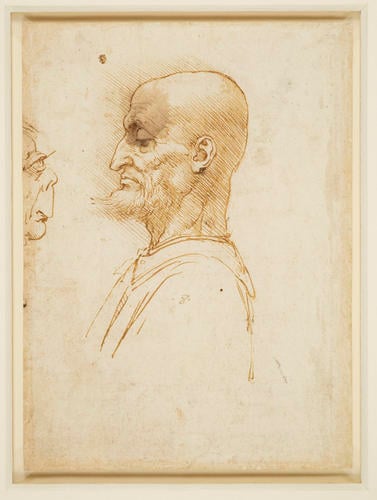 Recto: A bald man in profile, with mathematical calculations and notes. Verso: A bearded man in profile, confronted by a grotesque profile Recto: A bald man in profile, with mathematical calculations and notes. Verso: A bearded man in profile, confronted by a grotesque profile