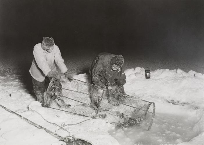 Dr Atkinson and Clissold hauling up the fish trap, -40°C