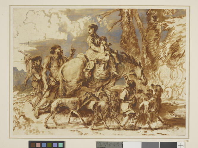 A family with animals in a landscape