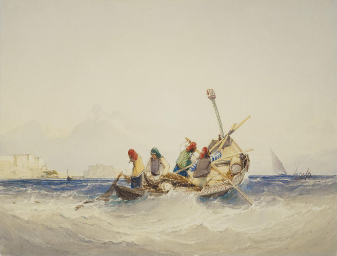 Neapolitan fishermen on a boat in the Bay of Naples