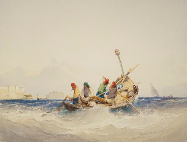 Neapolitan fishermen on a boat in the Bay of Naples
