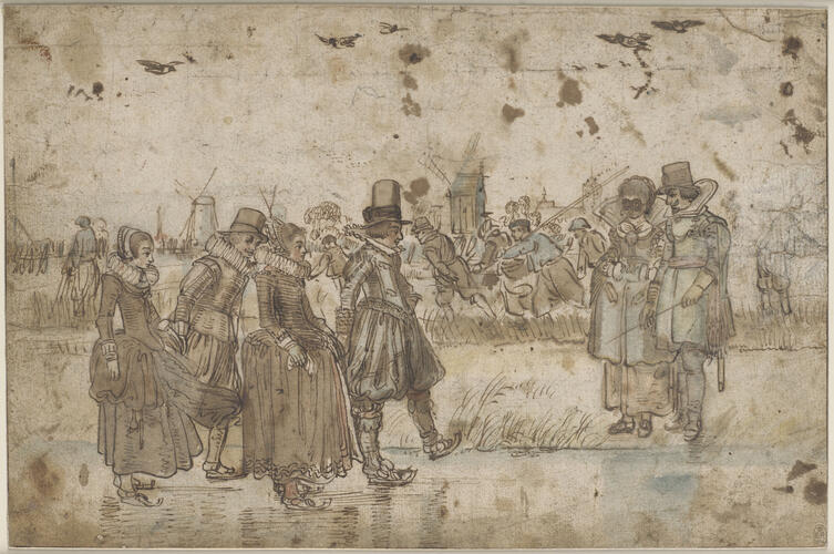 Skaters on the ice outside a town