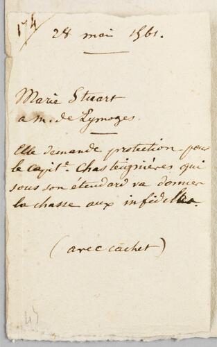 Letter from Mary, Queen of Scots to Sébastien de l'Aubestpine, Bishop of Limoges and French Ambassador to Spain, dated 28 May 1561