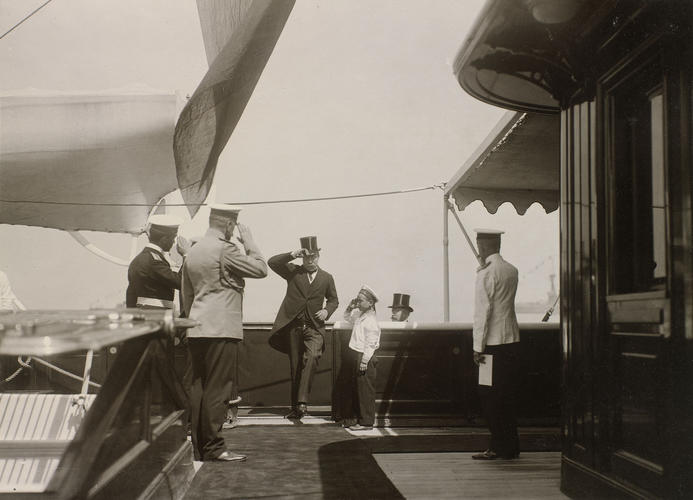 A man boarding the Russian Imperial Yacht Standart during the Cowes Regatta, 1909 A man boarding the Russian Imperial Yacht Standart during the Cowes Regatta, 1909