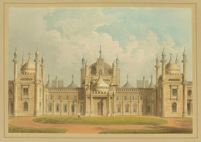 Master: Illustrations of Her Majesty's Palace at Brighton; formerly the Pavilion: executed by the Command of King George the Fourth, under the Superintendence of John Nash, Esq. , architect : to which is prefixed, A History of the Palace, by Edward Wedlake Brayley, Esq. , F. S. A.
Item: Pavilion, Principal Entrance, West Front