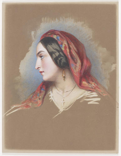 Head and shoulders of an Italian woman, to the front, looking over her right shoulder