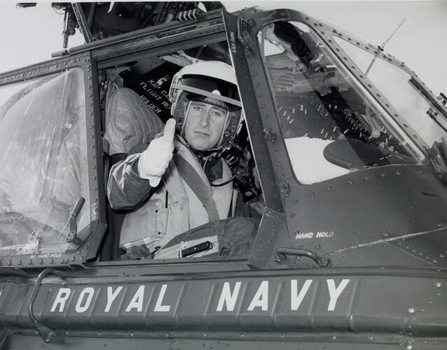 The Prince of Wales (b. 1948) in a helicopter at Royal Naval Air Station, Yeovilton, Somerset, 1974