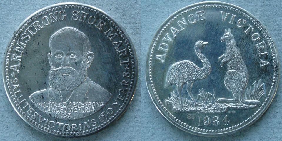 Australia. Medal of the Armstrong Shoe Mart commemorating 150th Anniversary of the European settlement of the state of Victoria, 1834