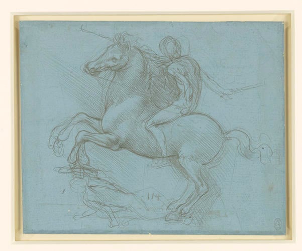 Recto: A design for an equestrian monument. Verso: Studies of flowing water, a cross-bow, geometry, etc