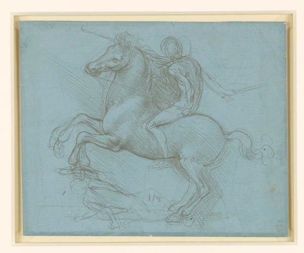 Recto: A design for an equestrian monument. Verso: Studies of flowing water, a cross-bow, geometry, etc Recto: A design for an equestrian monument. Verso: Studies of flowing water, a cross-bow, geometry, etc