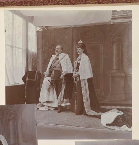 Master: Page 23 of Princess Victoria's album: photographs of King Edward VII and Queen Alexandra, dressed for the State Opening of Parliament, February 1901
Item: Queen Alexandra and King Edward VII, dressed for the State Opening of Parliament, February 1901
