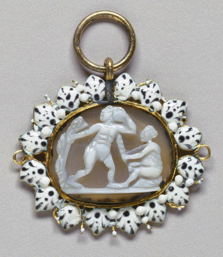 Two nude male figures one is clasping a tree the other is seated holding an unidentified object Two nude male figures one is clasping a tree the other is seated holding an unidentified object
