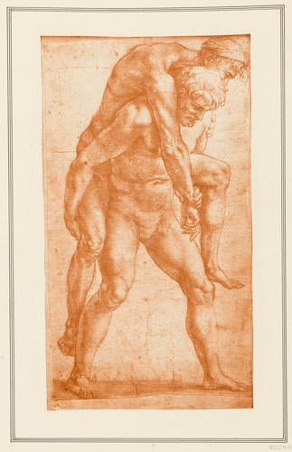 An elderly man being carried by a robust youth An elderly man being carried by a robust youth