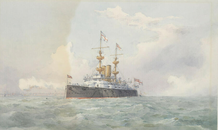 Unidentified warship with two yellow funnels Unidentified warship with two yellow funnels