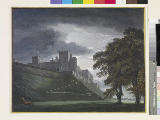 The north-east corner of Windsor Castle seen from below, with lightning