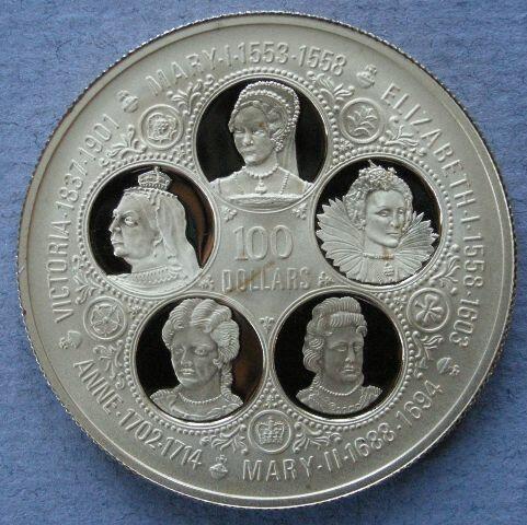 Cayman Islands. Proof One hundred dollars, 1975, commemorating Queen Mary I, Queen Elizabeth I, Queen Mary II, Queen Anne and Queen Victoria Cayman Islands. Proof One hundred dollars, 1975, commemorating Queen Mary I, Queen Elizabeth I, Queen Mary II, Queen Anne and Queen Victoria