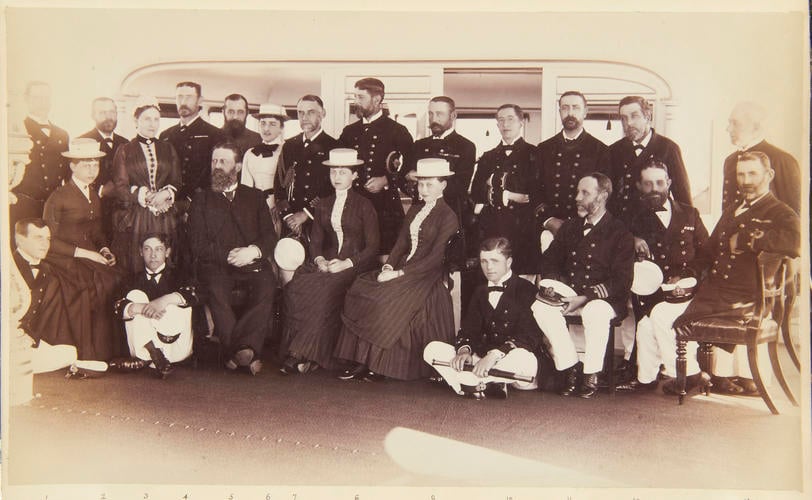 Group photograph taken on board ship that includes the Crown Prince of Germany and Princess Sophie of Russia. [Album: Photographic Portraits vol. 5/63 1875-1889]