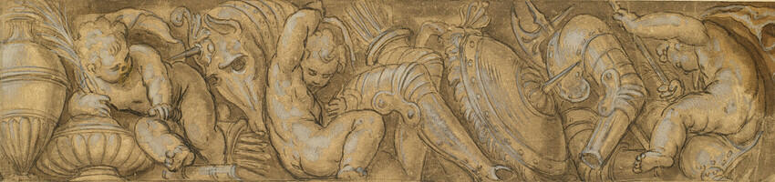 A frieze of putti, arms and armour