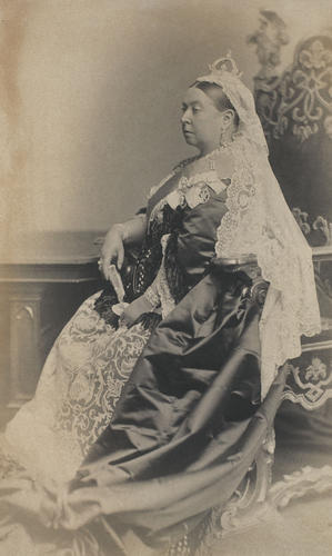 Portrait photograph of Queen Victoria (1819–1901) dressed for the wedding of The Duke and Duchess of Albany, 1882 Portrait photograph of Queen Victoria (1819–1901) dressed for the wedding of The Duke and Duchess of Albany, 1882