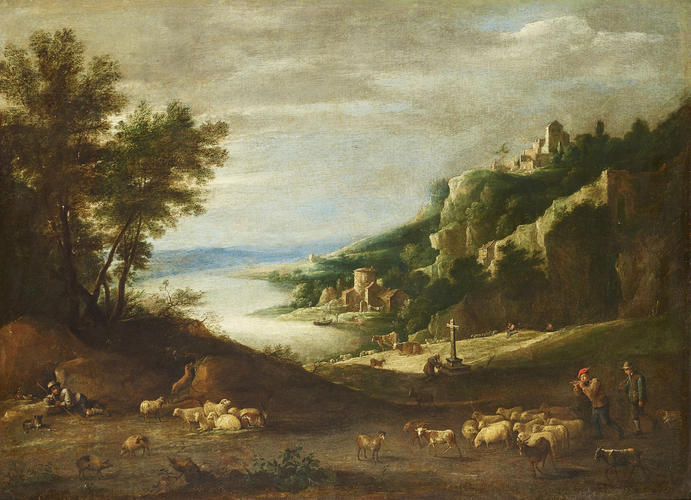 Shepherds with their Flocks in a Mountainous Landscape