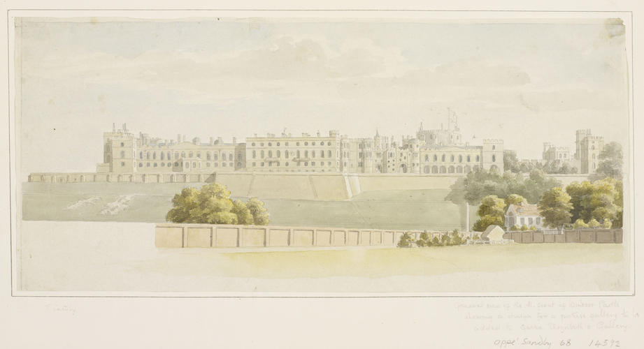 View of the North front of Windsor Castle, showing a design for a Picture Gallery to be added to Queen Elizabeth's Gallery
