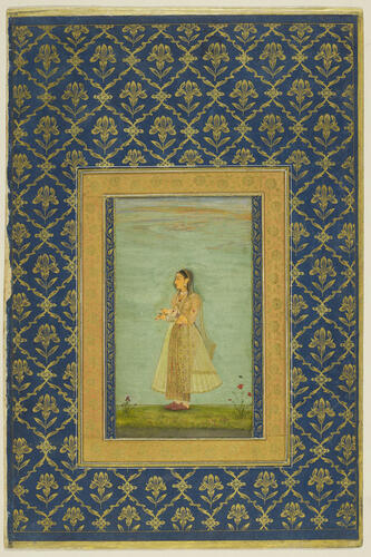 Master: A late Mughal album of calligraphy and paintings.
Item: Calligraphy by Sayyid Ali al-Tabrizi and a Mughal painting of a lady