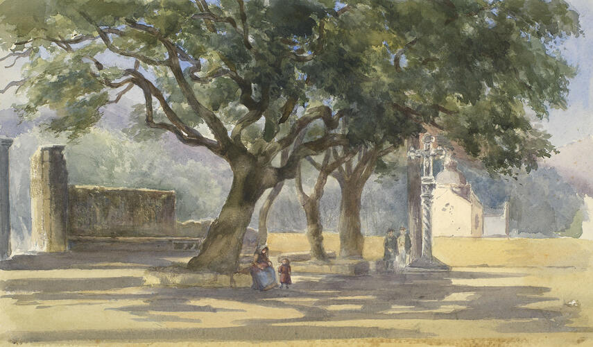 A female figure in a church yard