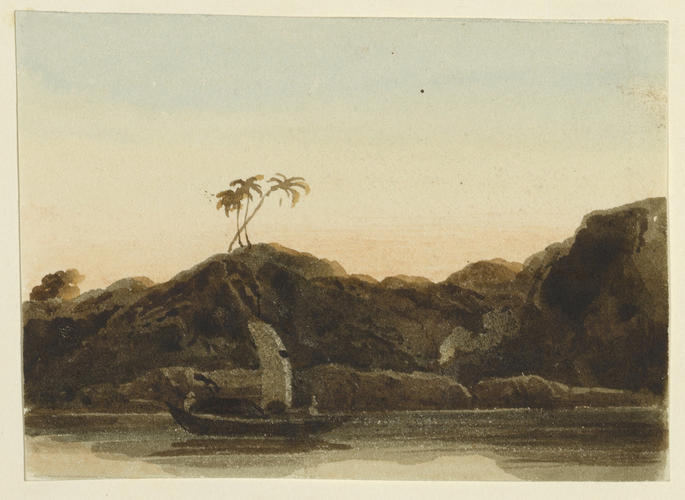 Boat on water with palm trees on the shore