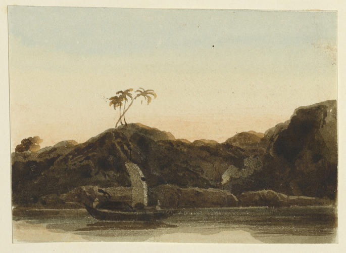 Boat on water with palm trees on the shore Boat on water with palm trees on the shore