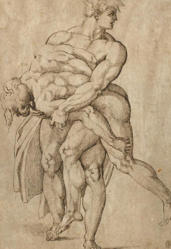 A nude youth carrying another A nude youth carrying another