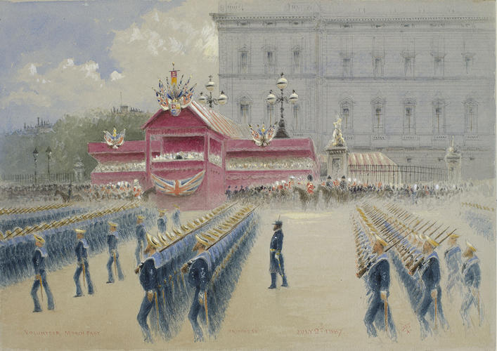 The Golden Jubilee, June-July 1887: Naval Volunteers march past the Queen at Buckingham Palace, 2 July The Golden Jubilee, June-July 1887: Naval Volunteers march past the Queen at Buckingham Palace, 2 July